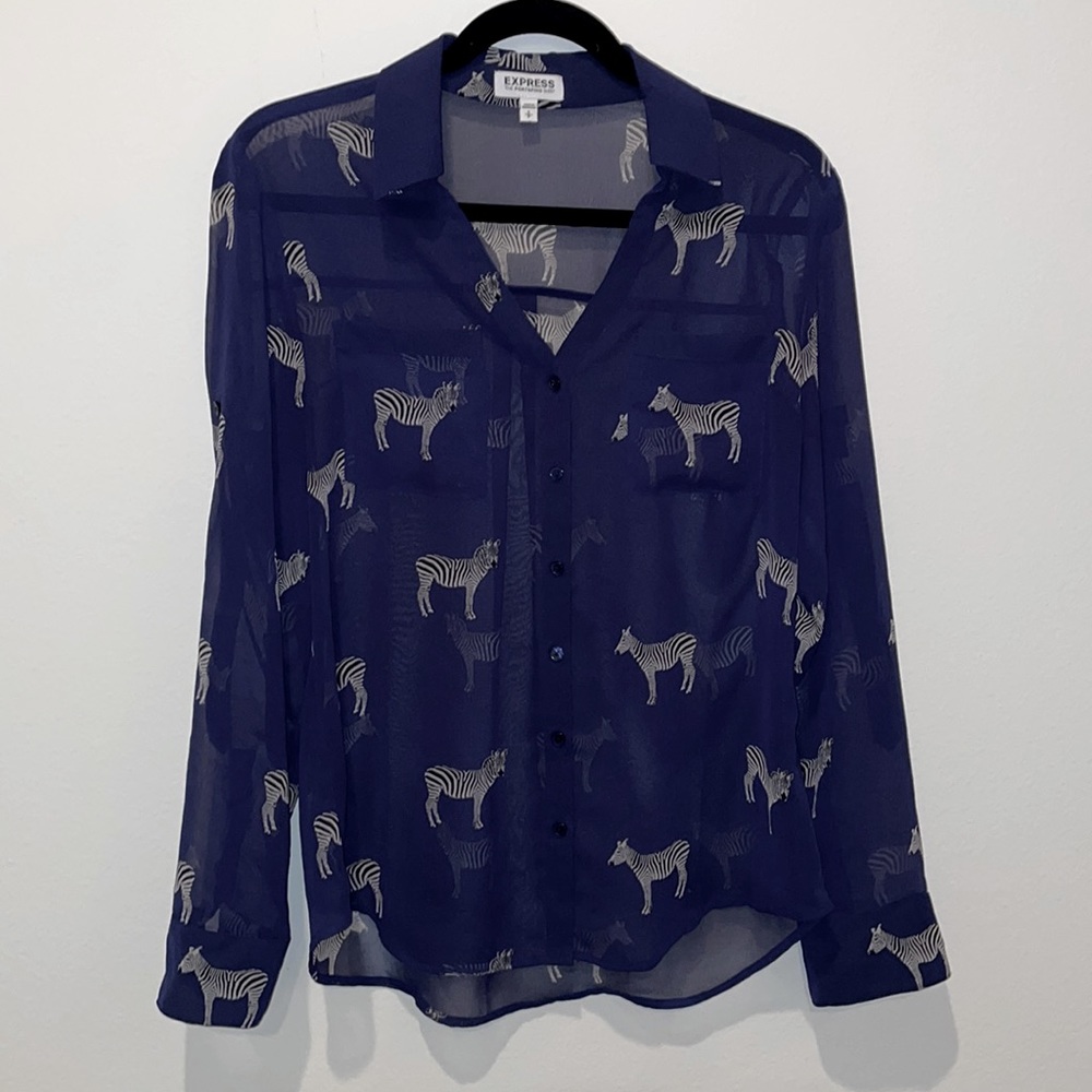 Express Navy Blue Zebra Print Semi-Sheer Portofino Shirt